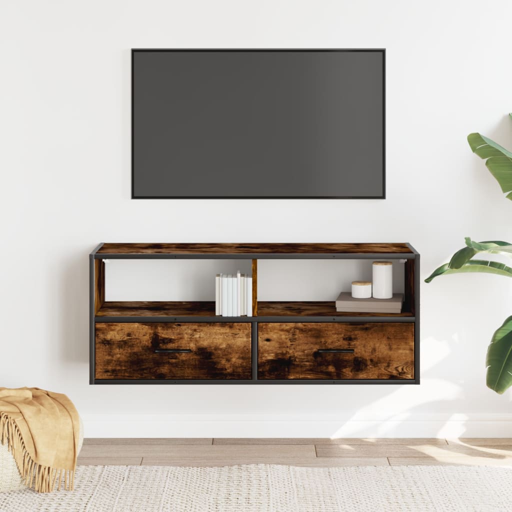 TV Stand Smoked Oak Finish 100 x 31 x 39.5 cm Engineered Wood and Metal