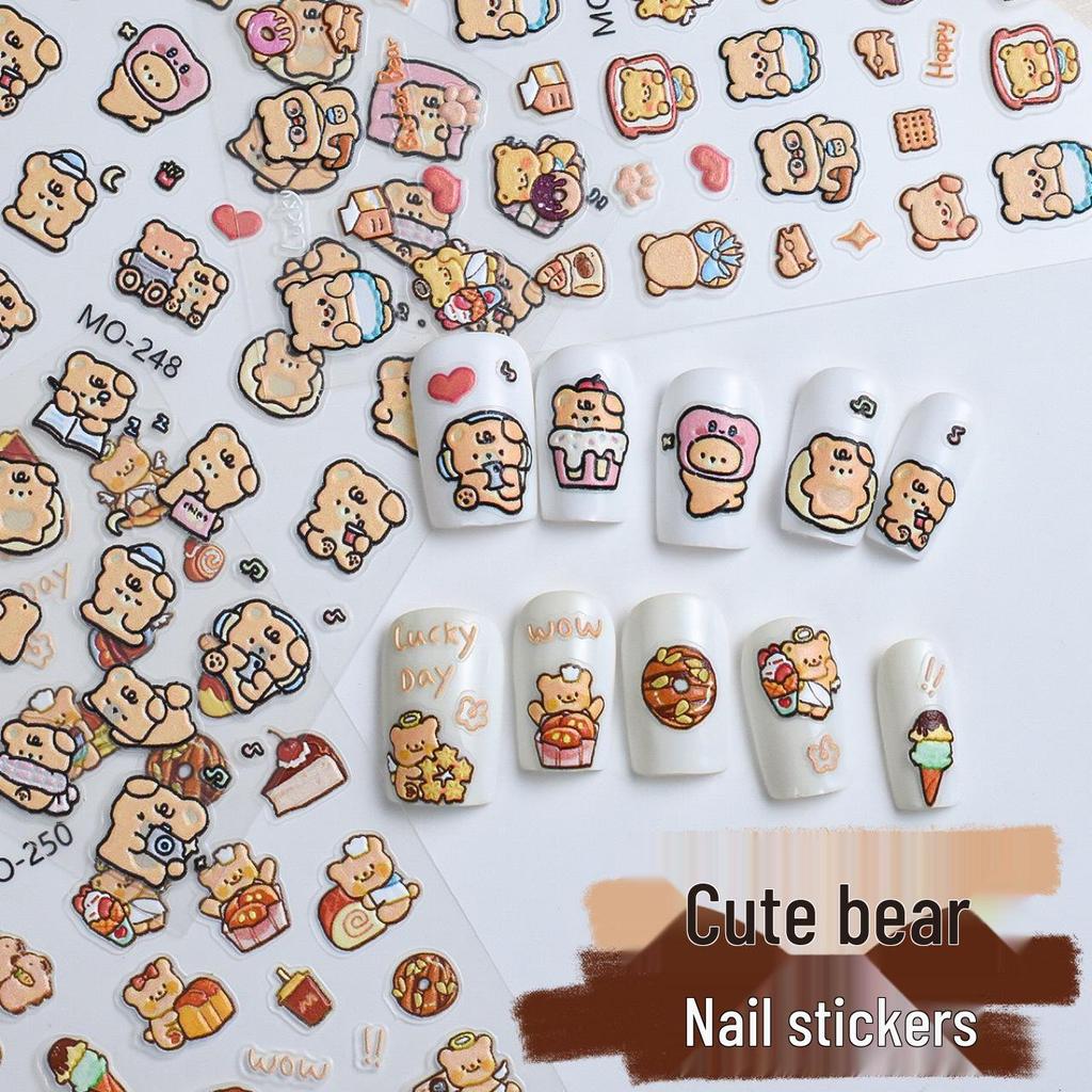 Adhésifs pour ongles 3D Ours Mignon et Glace avec Cœurs Romantiques