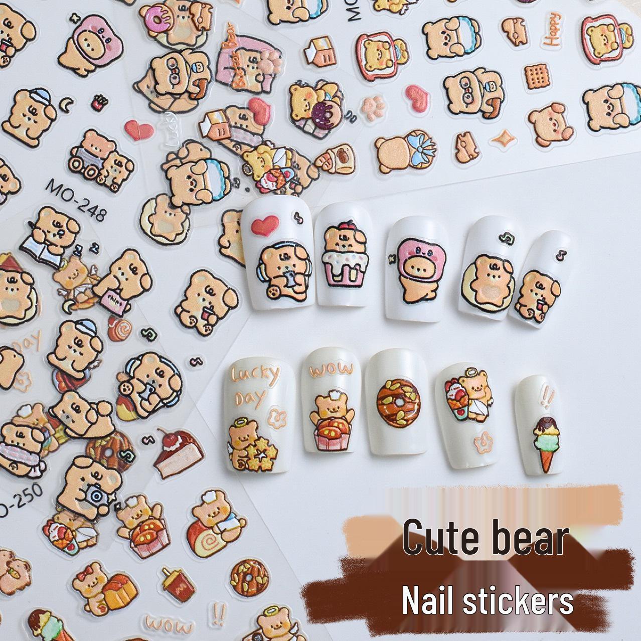 

3D Cute Bear & Ice Cream Nail Stickers with Romantic Hearts