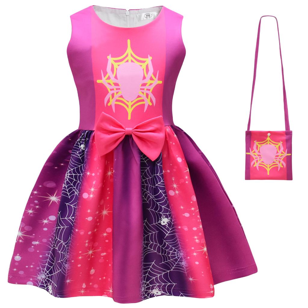 New Halloween Models, Sleeveless Girls' Skirts, Grid Cartoon Digital Printing, Bow Girls' Dresses + Bags.