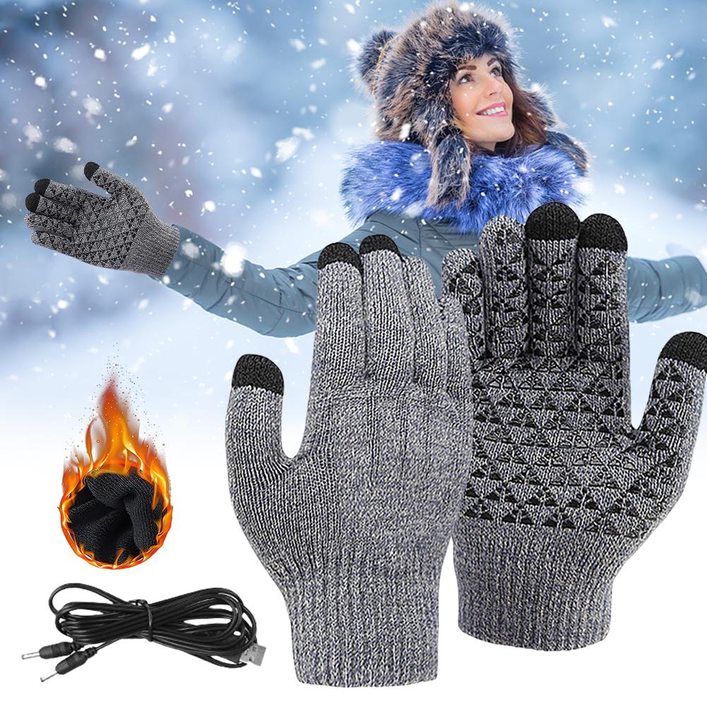 Electric Heated Gloves Touch Screen Knitted Gloves Hand Warmer USB Heated Gloves for Backpacking Mountaineering Riding Camping