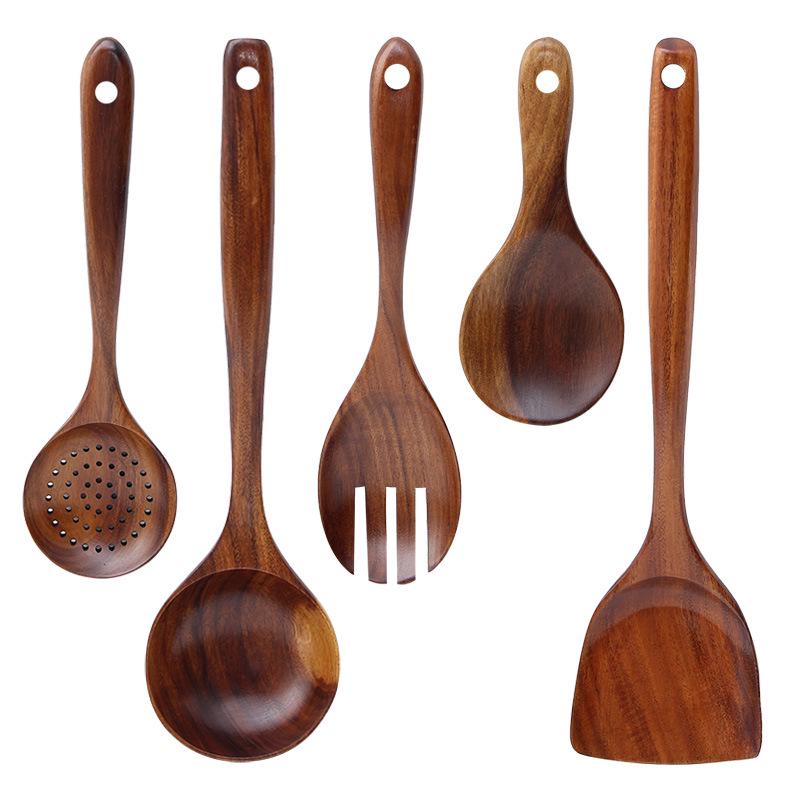 Set di pentole antiaderenti in teak thailandese: Spatola in Legno, Spatola per Saltare in Padella e Mestolo