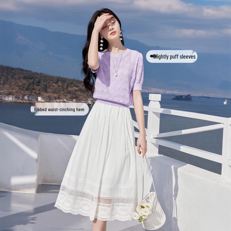 Xiangying Damen Lila Lochstrick Kurzarm Top