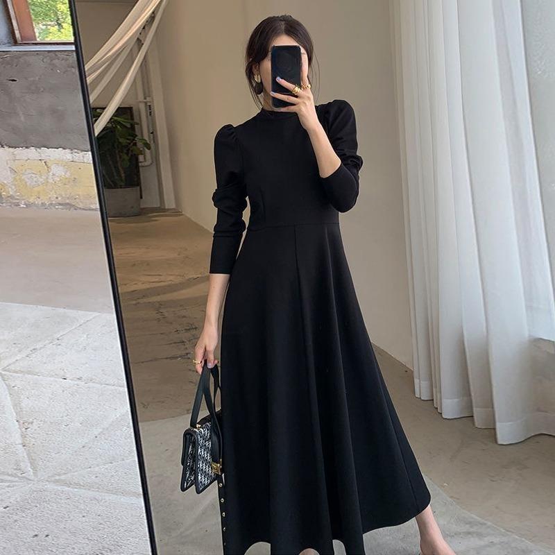 Hepburn Style Dress Women's Fall Haute Couture Long Dress French Long-sleeved Dress