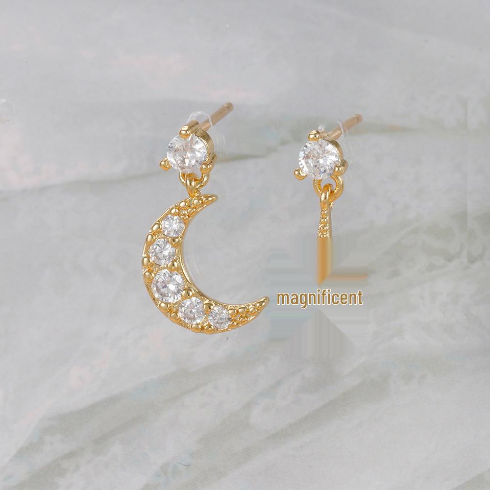 18K Gold-Plated Zircon Stud Earrings: Asymmetrical Star & Moon Design with S925 Silver Needle