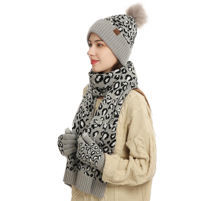 Autumn and Winter Knitted Hat Set New Women's Leopard Print Warm Wool Hat Scarf Gloves Three-piece Set
