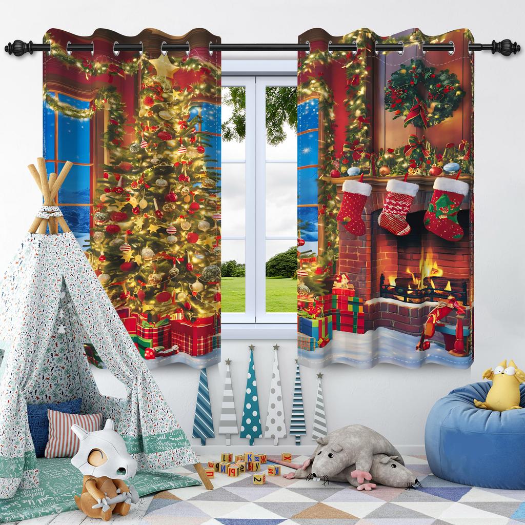 2 Stück Weihnachten Verdunkelungsvorhänge Weihnachtsbaum Weihnachtsmann Schneemann Zuhause Schlafzimmer Wohnzimmer Abdunkeln Lärmreduzierung Fenstervorhang