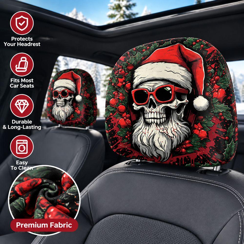 2PCS Santa Claus Print Car Seat Headrest Cover Auto Headrest Cover Set Car Interior Decoration