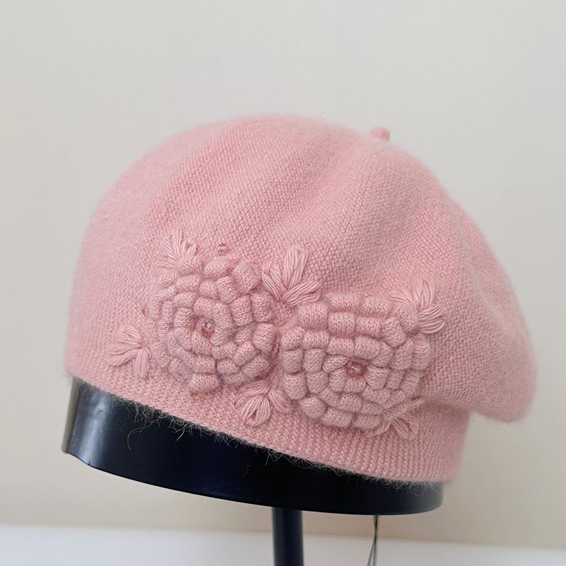 Autumn and Winter Hat Femininity Sweet Headhat Flower Rabbit Velvet Knitted Beret,Winter Hats for Women, Beanies for Women, Hats for Women Winter