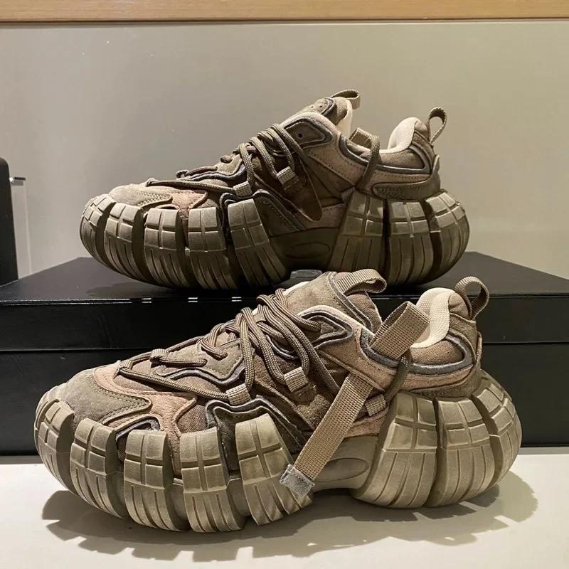 Platform Sneaker Men's Tire Sole Designer Chunky Running Shoes British Retro Luxury Microfiber Leather Shoes  Chaussure Homme