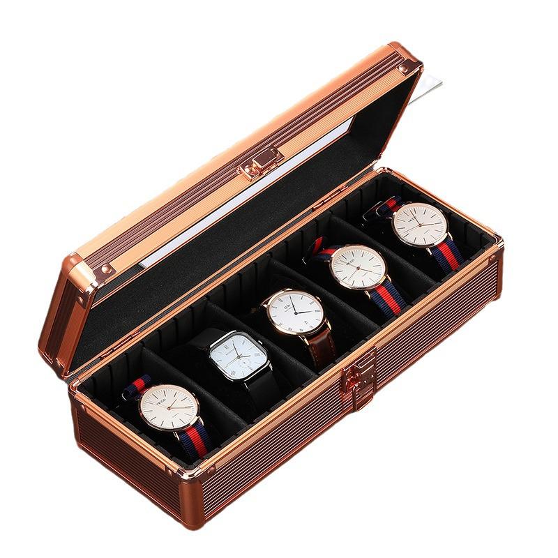 Aluminum Alloy Watch Box with Transparent Lid, 5 Slots, Multiple Colors