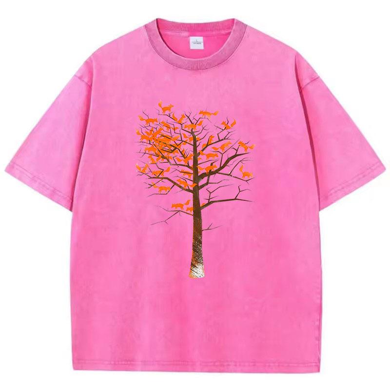 Summer T Shirt Vintage Washed Cotton T-Shirt Japanese Style Cat Climb Tree Graphic Tee Casual Streetwear Spring