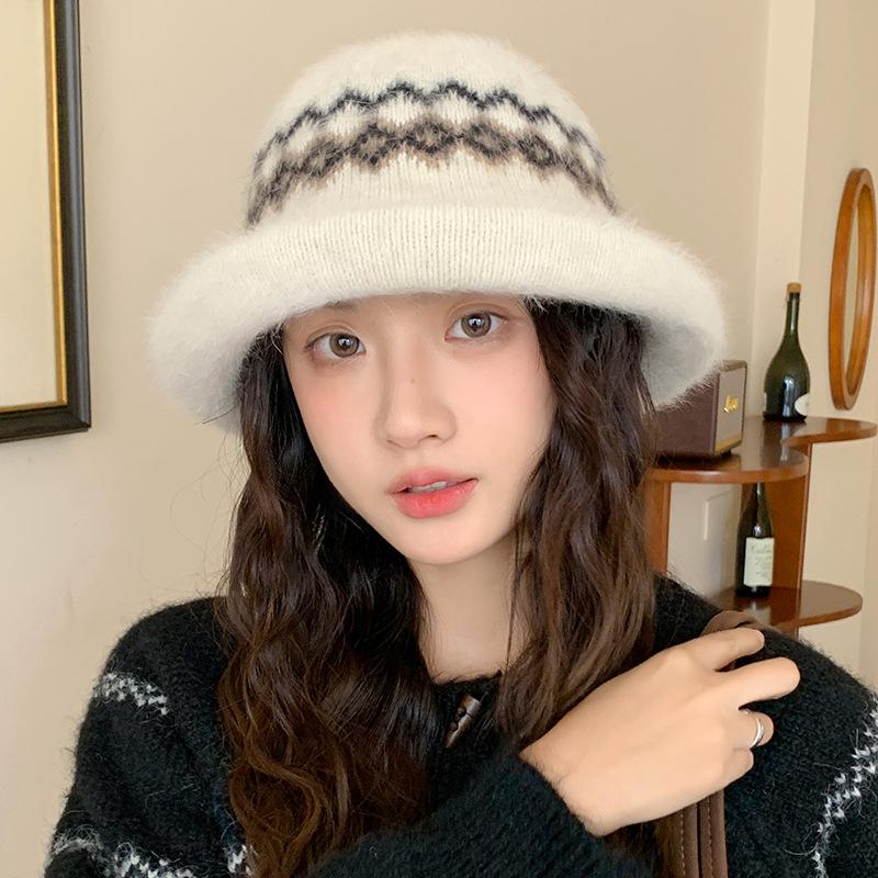 Fair Isle Style Knitted Basin Hat for Women in Autumn and Winter Warm Rolled Edge Fisherman Hat Outdoor Face Showing Small Travel Fashion Hat