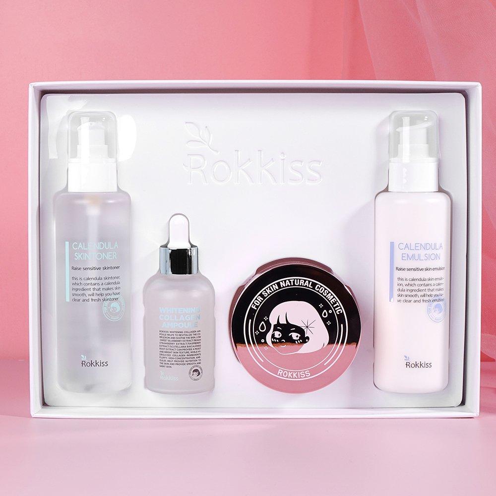 Rokkiss Ensemble spécial de soins de la peau éclaircissant de 4 produits : lotion tonique 150 ml, émulsion 150 ml, ampoule éclaircissante aux baies 55 ml, crème hydratante Vitaful 120 g