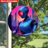 2D Flat 20*20cm1pc City Sunset scenery Blue Robot pattern Circular Hanging ornament, Futurist Urban Landscape Theme Wooden decoration, Application