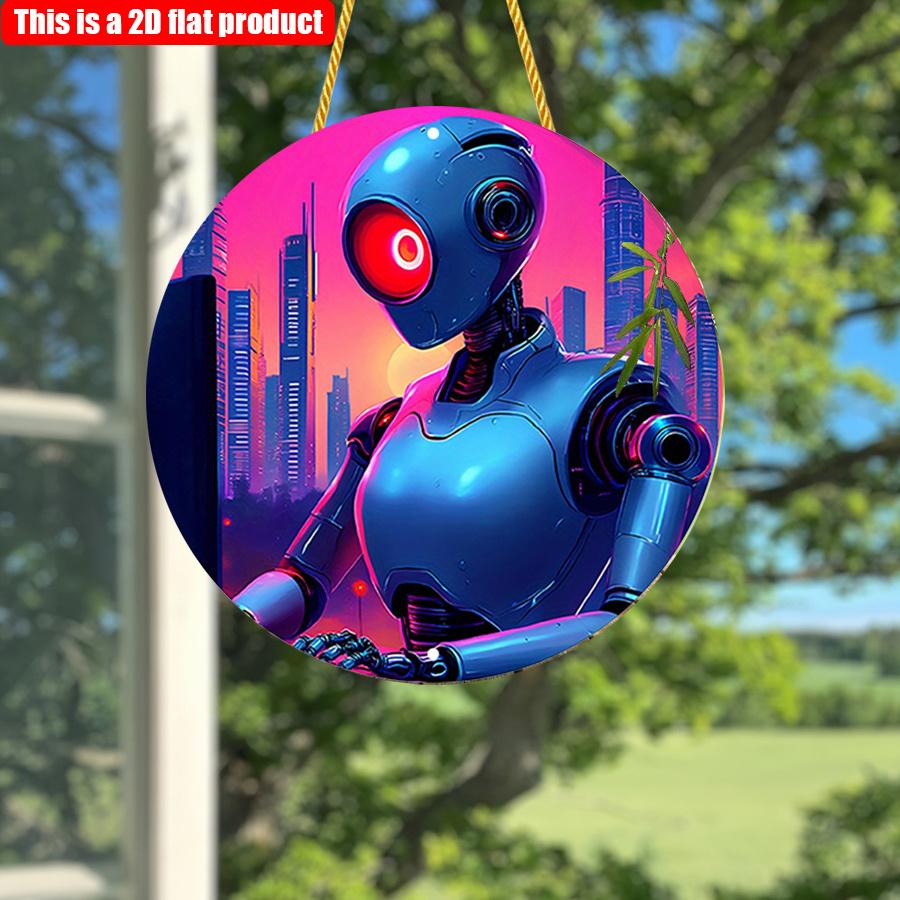 2D Flat 20*20cm1pc City Sunset scenery Blue Robot pattern Circular Hanging ornament, Futurist Urban Landscape Theme Wooden decoration, Application