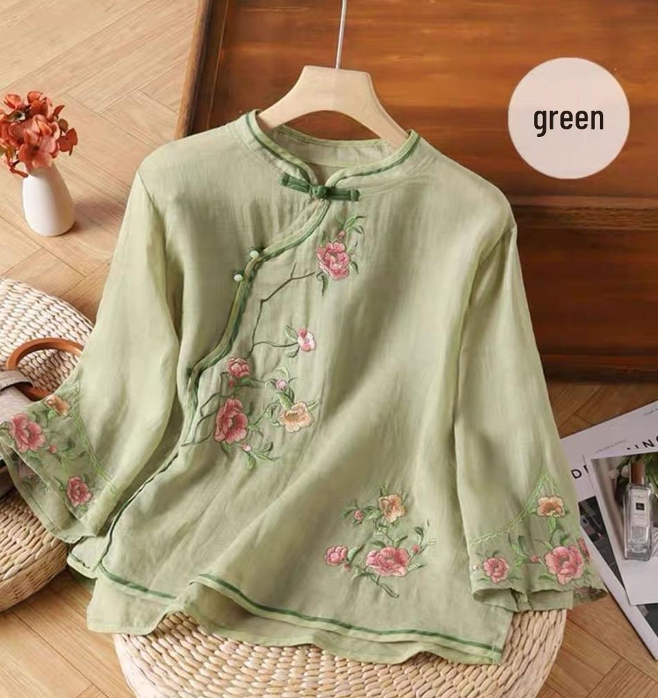 

Женская ретро этническая вышитая хлопково-льняная рубашка с косой застежкой и пуговицами-лягушками, топ с рукавом семь восьмых 4XL (recommended 165-180 jin) зелёный