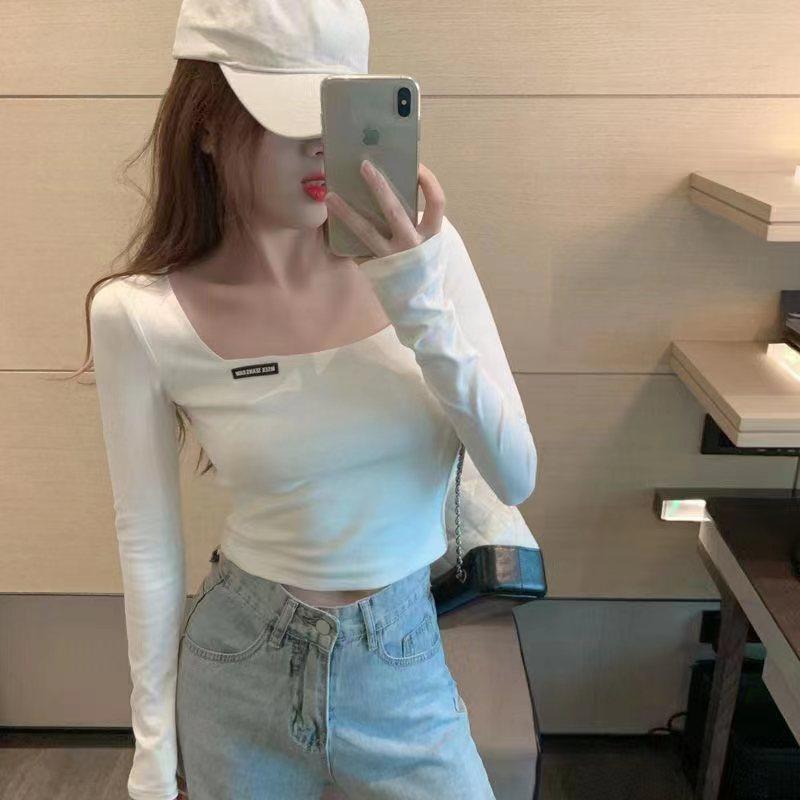 Women s Square Neck Long Sleeve Crop Top Slim Fit Embroidered French Style T-Shirts S