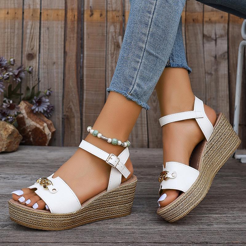 Lucyever Ankle Buckle Wedge Sandals Woman 2024 Metal Chain Thick Sole Gladiator Shoes Woman Vintage Platform Sandles Female 41