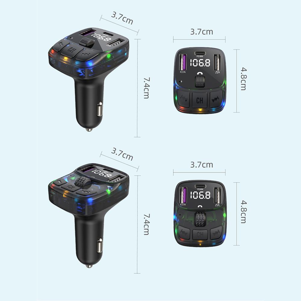 Bluetooth 5.3 Car FM Transmitter PD 30W Dual USB 4.2A Fast Charger Ambient Light Handsfree Radio Modulator MP3 Player Support TF U Disk