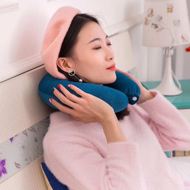 Solid Color U-Shaped Plush Travel Pillow - Memory Foam Neck Support with Logo Button, Ideal for Company Gifts