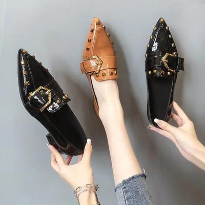 Women's Spring 2025 New Rivet Women's Pointed Toe Thick Heels Fashion British Style Loafer Female Slip On Shoes Zapatillas Mujer