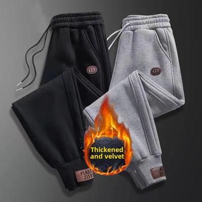 Sonbahar Kış Erkek Bol Kesim Polar Astarlı Kalınlaştırılmış Günlük Pantolon Sıcak Kadife Bilek Spor Pantolonu