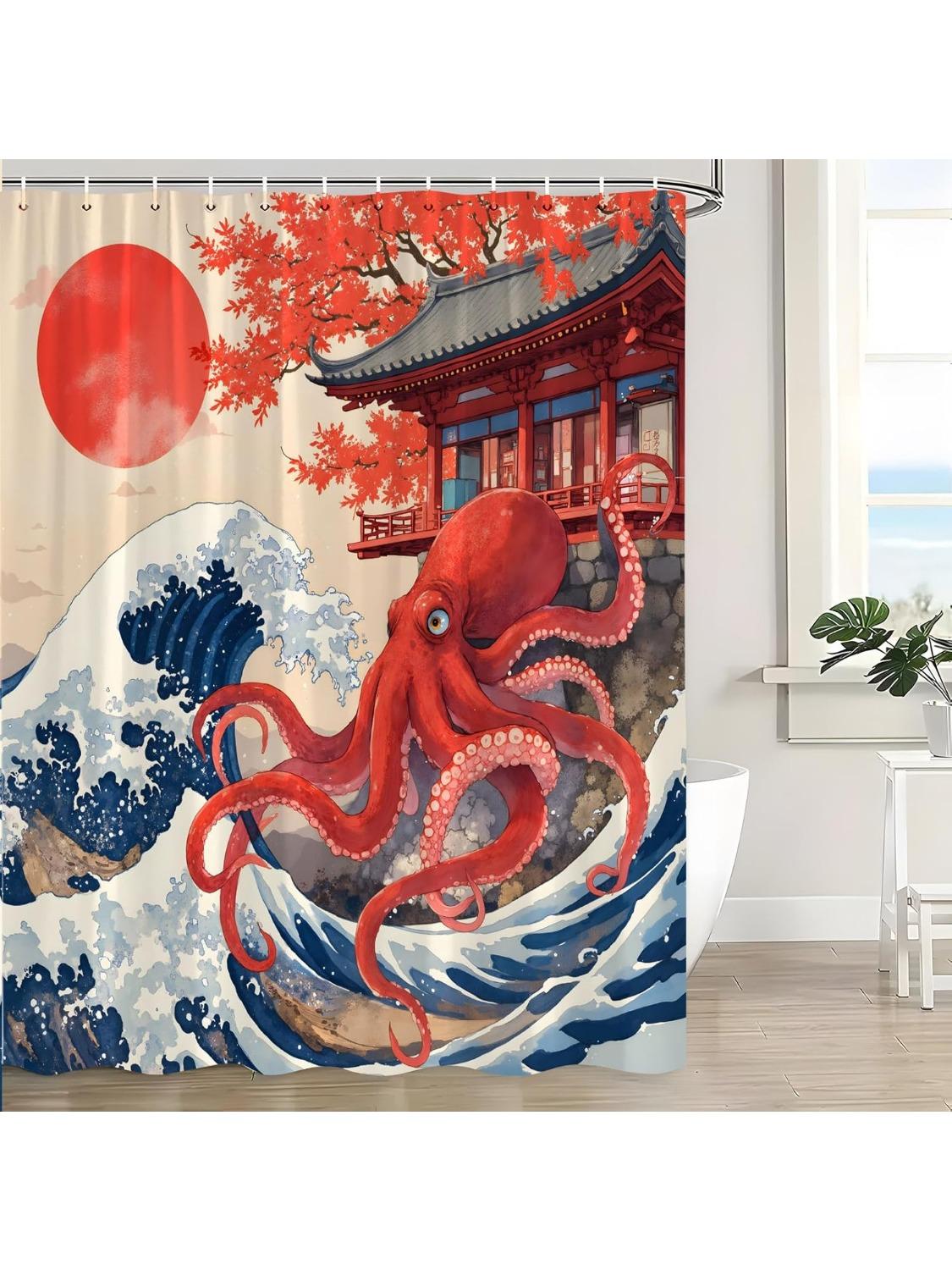 Octopus Great Wave Shower Curtain Japanese Red Kraken Tentacles Blue Ocean Nautical Sea Sun Cherry Blossom Marine Life Art Bath 90x180CM