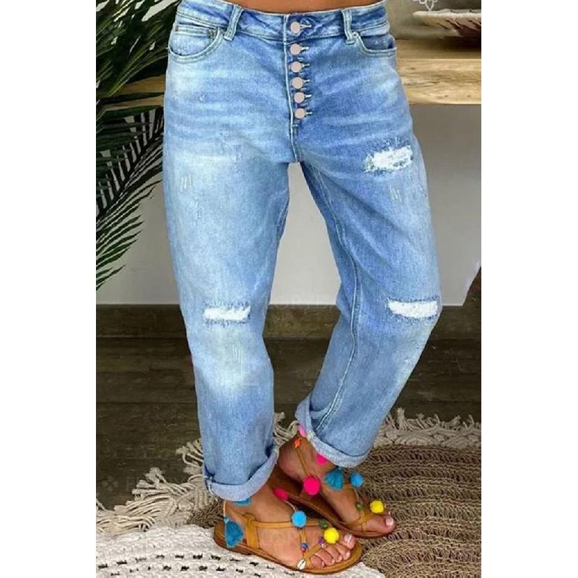 

2024 европейские и американские новые синие рваные джинсы женские свободные прямые повседневные брюки XXL синий