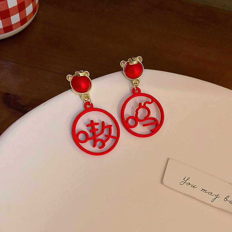 Silver needle retro red bow earrings long tassel trend stud earrings niche design Chinese New Year earrings women