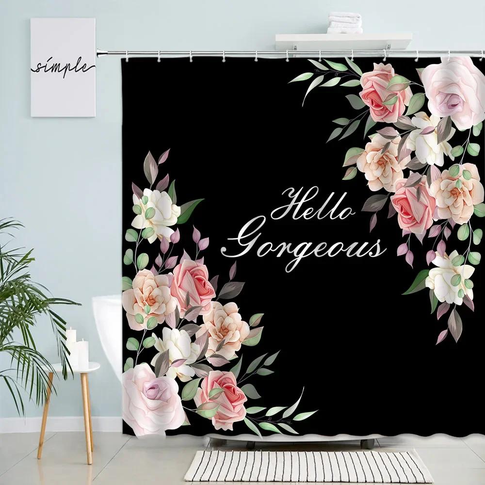 Plant Flowers Shower Curtains Pink Rose Butterfly Dandelion Simple Floral Black Bath Curtain Modern Print Fabric Bathroom Decor