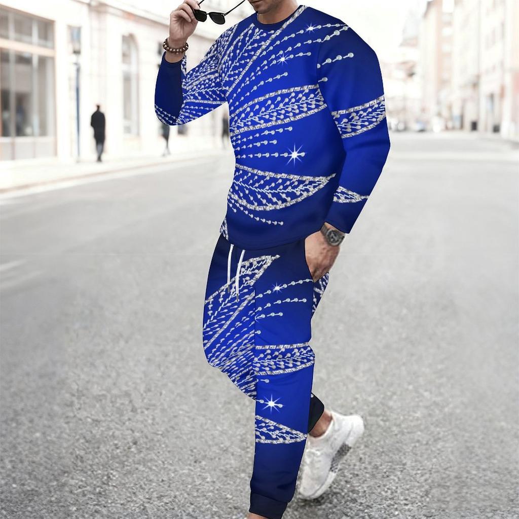Men Retro Mosaic Hexagon Marble Texture Print Long Sleeve Sweatshirt Jogger Pants Two Piece Suit