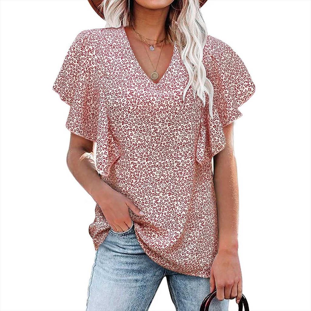 Women's Casual V-neck Short Sleeve T-shirt Ruffle Sleeve Loose Top