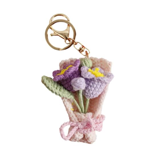 Keychain Pendant Hand Crocheted Flower Key Chain Colorful Yarn Roses Sunflower Charm Key Holder Bag Car Key Accessory