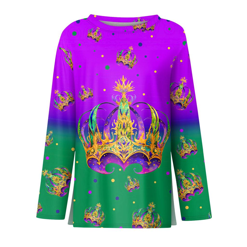 Damenmode Lässig Schlitzsaum Rundhals Langarm Locker Bedrucktes T-Shirt Top