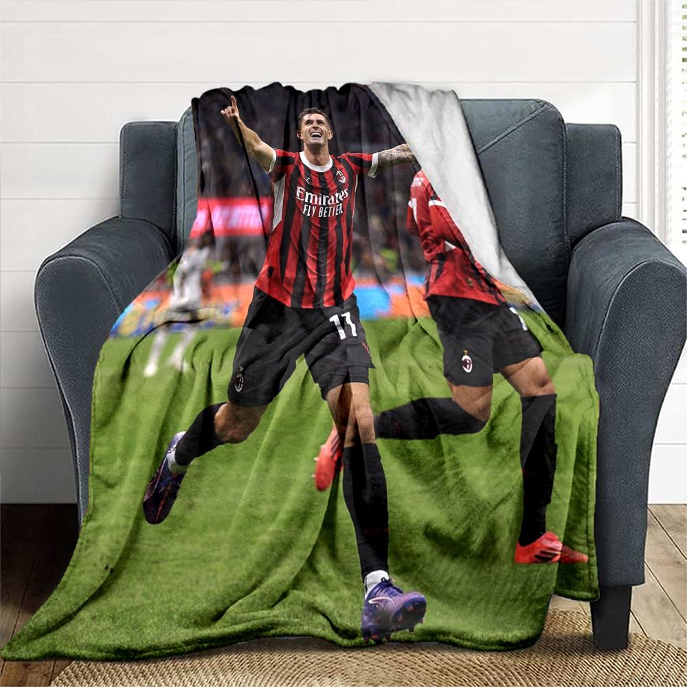 AC Milan Pulisic Football Player Flannel Throw Blanket, Soft Warm Sofa Bed Cover, Soccer Fan Home Decor Gift for Living Room Bedroom