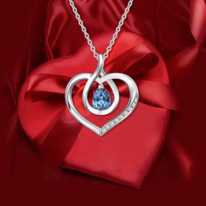 Silver Plated Open Heart Teardrop Blue CZ Pendant Necklace, Sparkling Pave-Set Cable Chain Necklace for Women