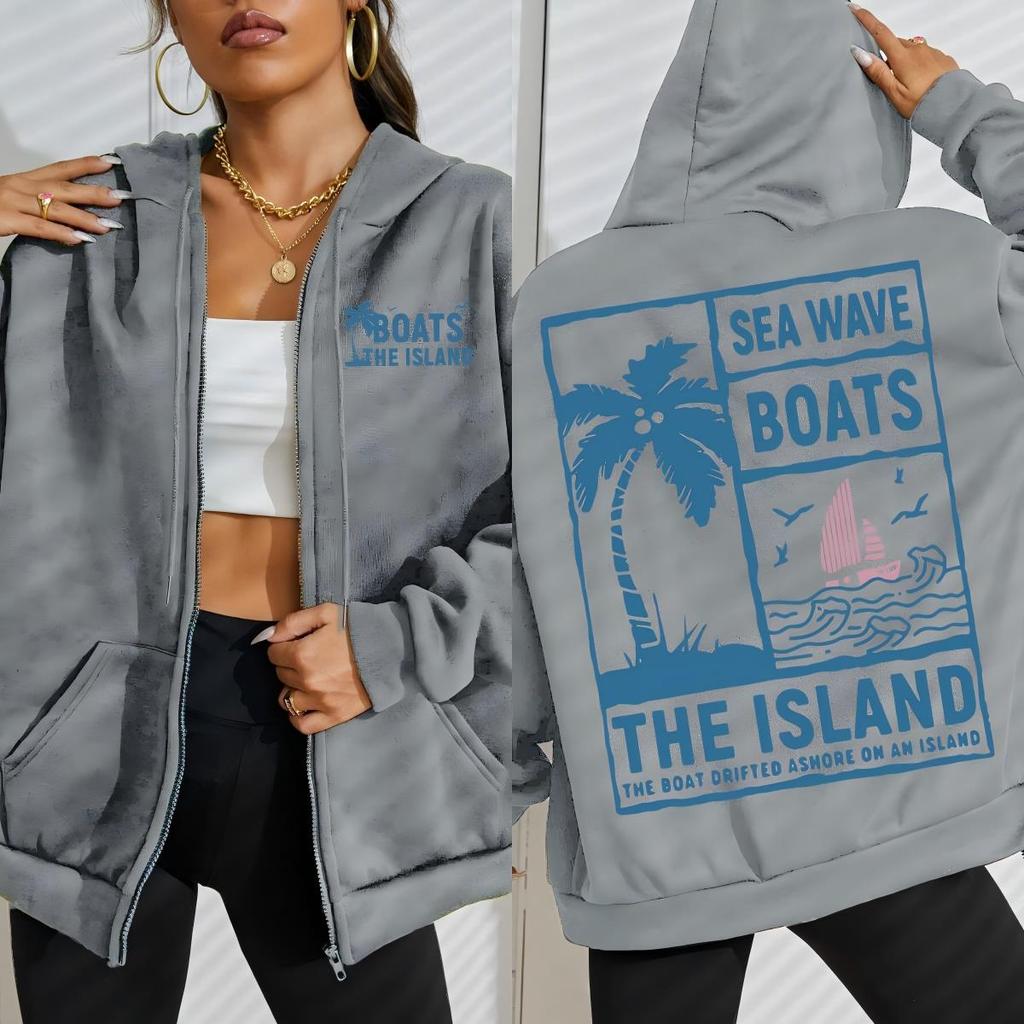 Sea Wave Boats The Island Printed Zipper Hoodie Woman Fashion Oversize Hoody Autumn O-Neck Streetwear Clothing
