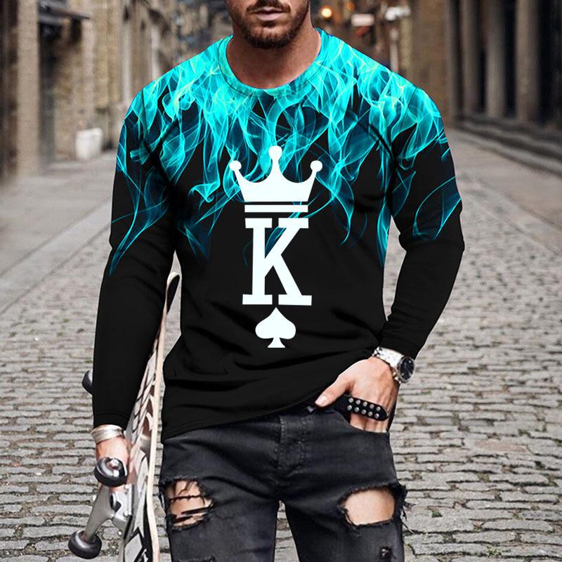 Spring and Autumn Round Neck "King K" Flame Pattern 3D Printed Top Fashionable Casual Long Sleeved Men's T-shirts
