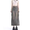 Women's Denim Cargo Skirt with Pocket High Waist Slit Retro Midi Skirt Y2K Clothing Casual Fashion All-match Spring Summer