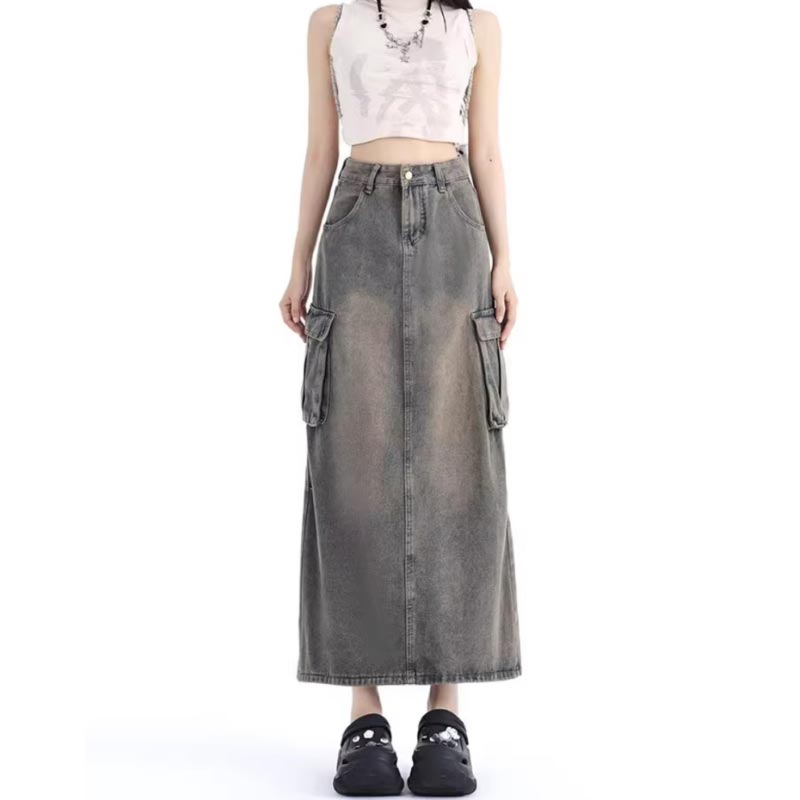 

Женская джинсовая юбка карго с карманом, с высокой талией, с разрезом, в стиле ретро, миди, одежда Y2K, повседневная мода, всесезонная, весна-лето 3XL серый