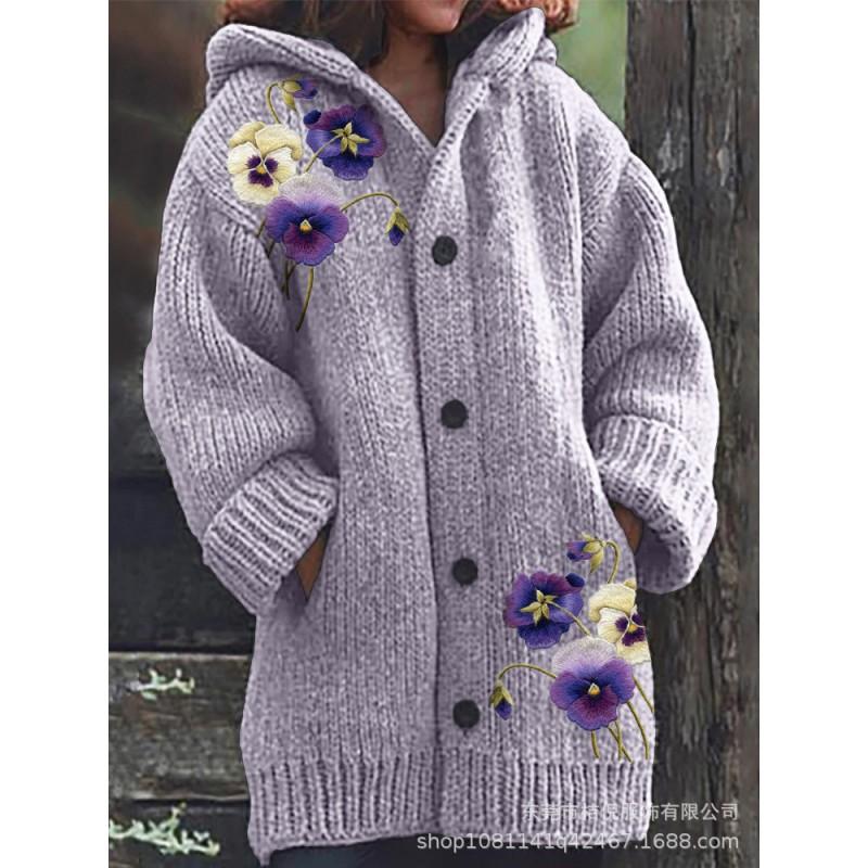 Womens Oversized Hooded Knit Cardigan With 3D Print Button Front Long Sleeve Casual Sweater