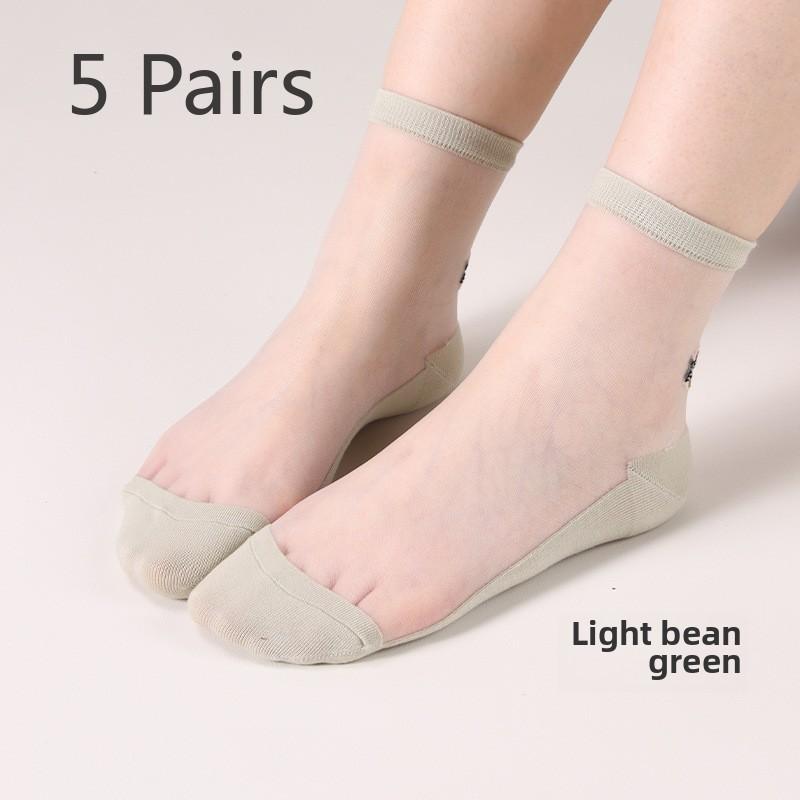 

5 Pairs Socks Women Spring and Summer Thin Bear Flower Glass Silk Tube Women s Socks Sole Crystal Silk Woman 5 Pairs зелёный
