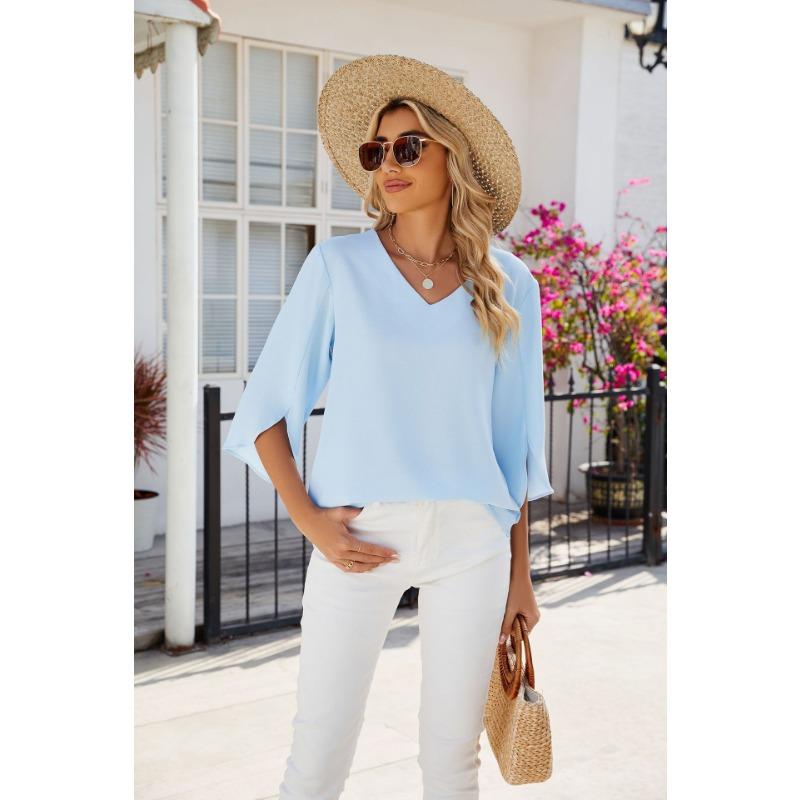Summer Women T-shirt New Solid Color V-Neck Mid Sleeve Loose Short Sleeve Top