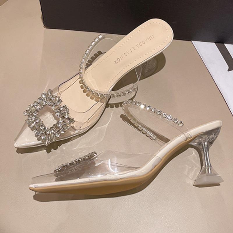 

Fashion Summer New Slippers Pointed Shallow Mouth Crystal Buckle Transparent Strap Anti-slip Wear-resistant High Heels 40 грязно-белый
