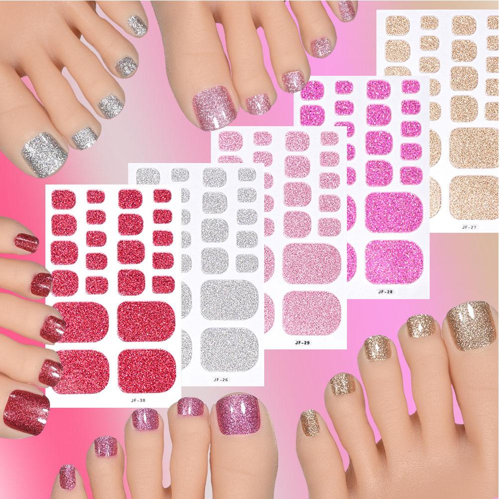 22Tips Vibrant Glitter Toenail Stickers Solid Color Full Cover Toenail Polish Strips Summer Self Adhesive DIY Foot Decals