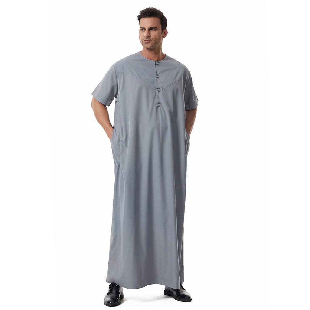 Men's Short Sleeve Muslim Robe Ethnic Style Traditional National Costume Loose Casual Long Gown Daily Wear Arabian Robe