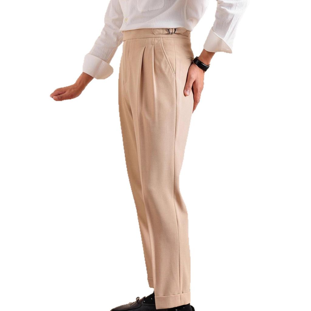 Lässige High-Waist-Hose Herren Frühling und Herbst Neapel Business Faltenhose Gentleman Unifarben Paris-Knopf Gerade geschnittene Hose