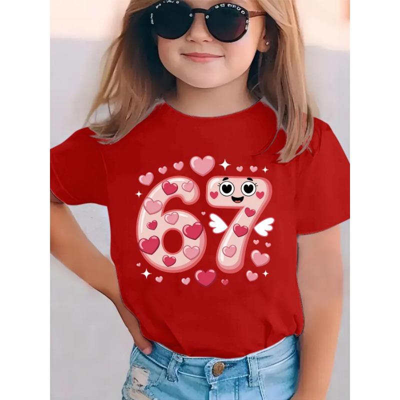European sizes Summer Short Sleeve Girls' T-Shirt with Heart & Winged 6/7 Number Print - Cute Round Neck Blouse for - Casual Top