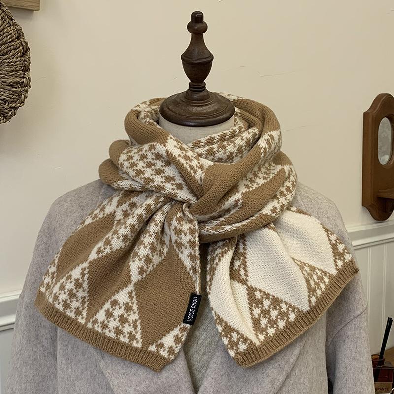 Red Scarf for Women Winter Knitted Wool Student Plaid Thickened Warm Korean Version Versatile Birthday Gift Scarf Trendy